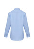 A light blue men's button-up shirt with long sleeves and a classic collar, featuring a logo on the back.