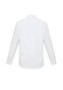 A white long sleeve button-up shirt featuring a collar and button cuffs, with a plain back design and a logo.