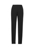 A pair of black women's slacks with a clean design and fitted legs. The pants feature a logo on the waistband.
