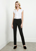A model wearing black women's slacks paired with a white blouse, standing against a plain background.