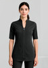 A black women's tunic with a zip front and short sleeves, featuring two front pockets. The tunic has a logo.