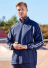 A unisex navy track jacket features white stripes and a zip-up front, with a logo on the chest.