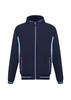 A soft shell jacket in navy blue with light blue accents and a zip-up front, featuring pockets and a logo.