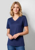 A navy women's short sleeve tee with a V-neck design, featuring a logo on the front.
