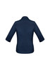 A navy blue women's button-up shirt with 3/4 sleeves and a collar, featuring a logo on the back.