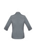 A grey women's button-up shirt with 3/4 sleeves and a collar, featuring a logo on the back.