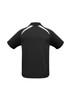 A black kids' polo shirt with short sleeves and white detailing on the back, featuring a logo.