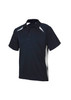 A black kids' polo shirt featuring white side panels and a collar, complete with a logo.