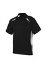 A black short sleeve polo shirt with white accents and a logo on the front.