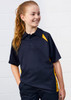 A kids' short sleeve polo shirt in navy blue with yellow accents, featuring a logo on the chest.