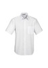 A white short sleeve button-up shirt with a pocket and a collar, featuring a logo on the label.