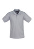 A grey men's short sleeve polo shirt with a collar and a logo on the upper left side.