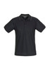 A black men's short sleeve polo shirt featuring contrasting trim and a collar. It has a logo on the front.