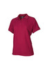 A women's short sleeve polo shirt in a rich burgundy colour, featuring a collar and a logo.