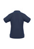 A navy women's polo shirt with short sleeves and a subtle branding design.