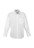 A white long sleeve button-up shirt featuring a single chest pocket and a collar. The shirt has a logo present.