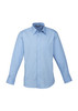 A light blue men's long sleeve shirt featuring a button-up design and a single chest pocket. It has a logo on the label.