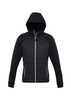 A black puffer jacket with a hood and zippered front, featuring a logo on one side.