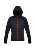 A black puffer jacket with a hood, featuring red zip details and a logo.