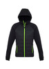 A black puffer jacket with a hood and fluorescent green zippers. It features a logo on the front.