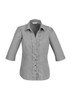 A women's 3/4 sleeve button-up shirt in a grey striped pattern with a ruffled front and a logo.