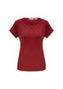 A maroon women's short sleeve top with a crossover neckline, featuring a logo on the label.