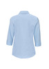 A light blue women's 3/4 sleeve button-up shirt with a micro check pattern and a logo on the back.