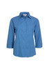 A blue women's micro check 3/4 sleeve button-up shirt with a collared neck and a logo.