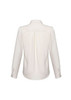 A long-sleeve women's button-up shirt in cream colour, featuring a back pleat and roll-up cuffs. The shirt has a logo.