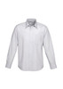 A long sleeve button-up shirt in white with a single chest pocket and a branded logo.