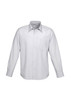 A white button-up shirt with long sleeves featuring a pocket and a collar. Includes a logo on the collar.