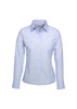 A pale blue women's button-up shirt with long sleeves and a collar, featuring a branding logo.
