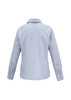 A light blue women's button-up long sleeve shirt with a collar and buttoned cuffs, featuring a branding logo.