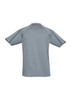 A grey men's short sleeve polo shirt with contrasting stitching and a collar, featuring a logo.