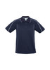 A navy short sleeve polo shirt with contrasting stitching and a collar, featuring a logo.