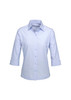 A light blue women's button-up shirt with 3/4 sleeves and a collar, featuring a small logo on the chest.