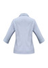 A light blue women's button-up shirt with 3/4 sleeves and a collared neckline, featuring a logo on the back.