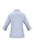 A light blue women's button-up shirt with 3/4 sleeves and a collar, featuring a logo on the back.