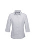 A light grey women's button-up shirt with 3/4 sleeves and a collar, featuring a logo on the chest.