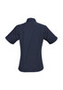 A navy short sleeve button-up shirt with a fitted design and back yoke detail. Features a subtle logo.