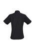 A black short-sleeve button-up shirt for women, featuring a simple design with a collar and a logo.