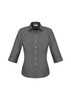 A women's button-up shirt featuring a black and white gingham pattern and 3/4 sleeves. The shirt has a logo.