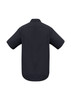 A short-sleeve button-up shirt in black with a back view and a logo on the back.