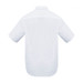 A white short sleeve button-up shirt featuring a back yoke and a logo.