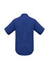 A blue short sleeve shirt with a classic button-up design and a logo on the back.
