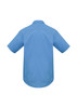 A blue short sleeve button-up shirt featuring a plain back and a collar. It includes a logo.