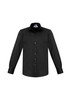 A black long sleeve button-up shirt with a chest pocket and a branded label.