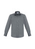 A grey long sleeve button-up shirt featuring a chest pocket and a logo on the shirt.