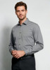 A grey long sleeve button-up shirt with a chest pocket, featuring a logo on the upper left.