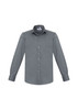 A grey long sleeve button-up shirt with a breast pocket and a logo on the collar.